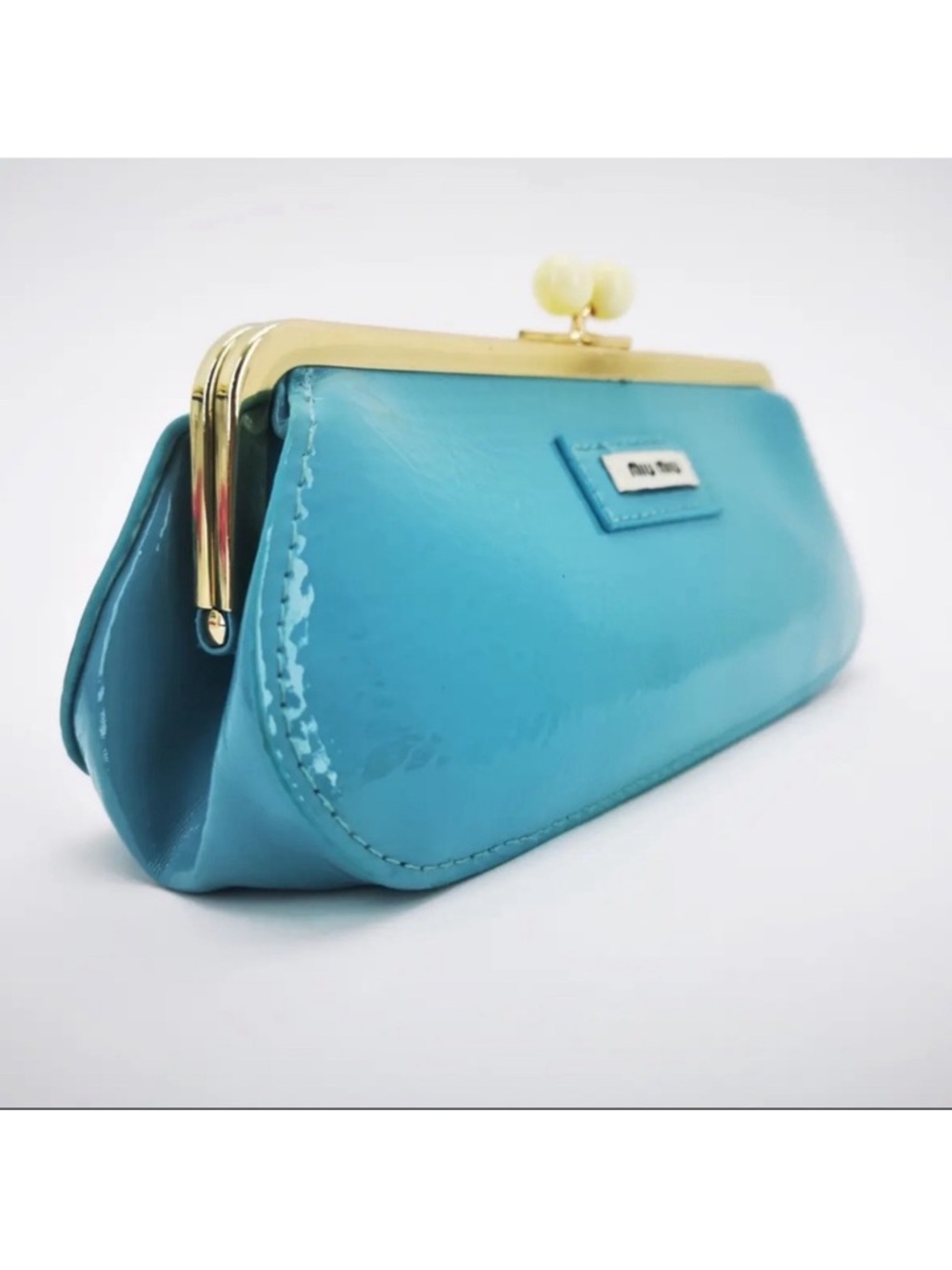 Miu Miu Teal Leather Clutch with Gold-Tone Chain - Picture 3 of 7